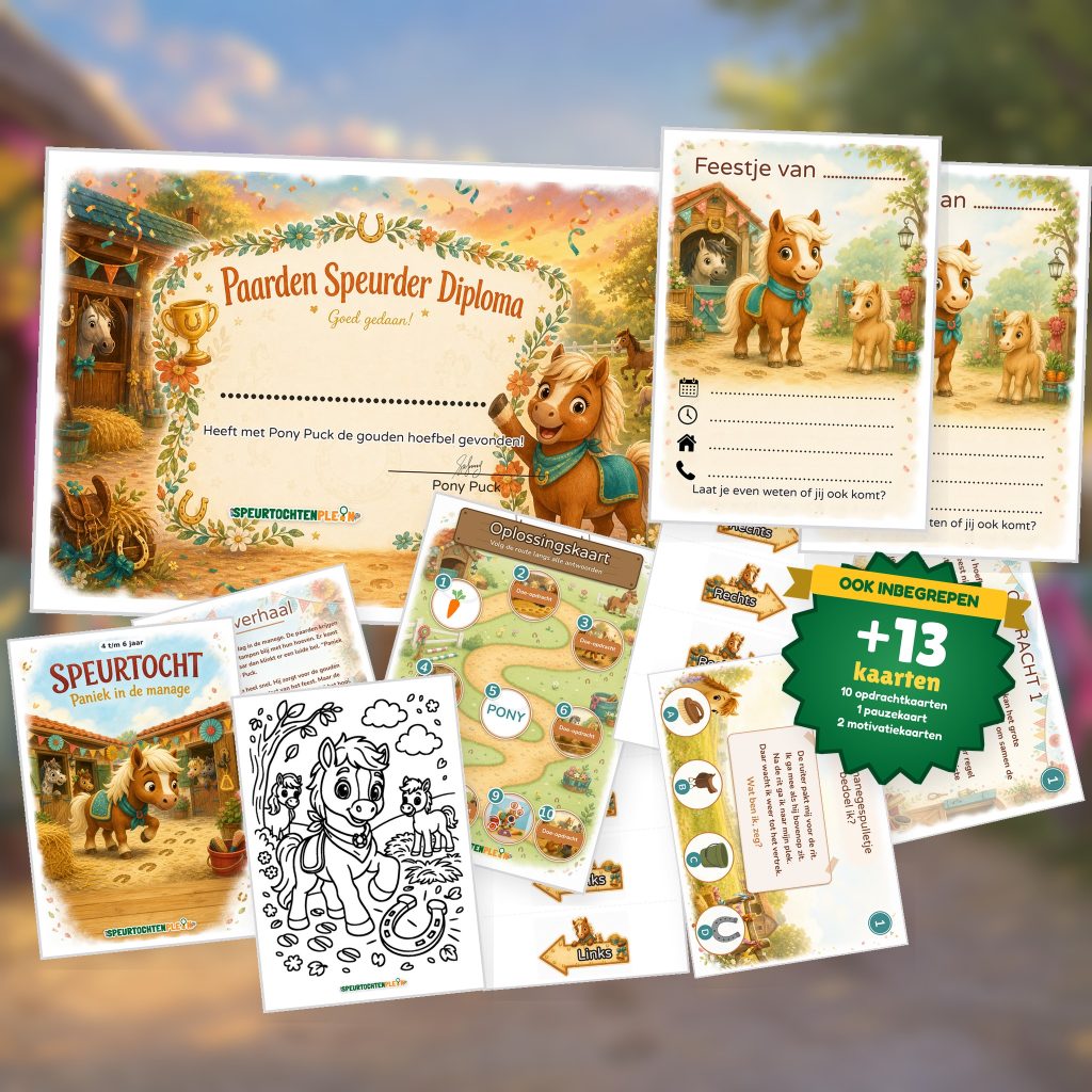 Complete Paarden Speurtocht voor een kinderfeestje met voorblad, opdrachtkaarten, uitnodigingen, diploma en kleurplaat