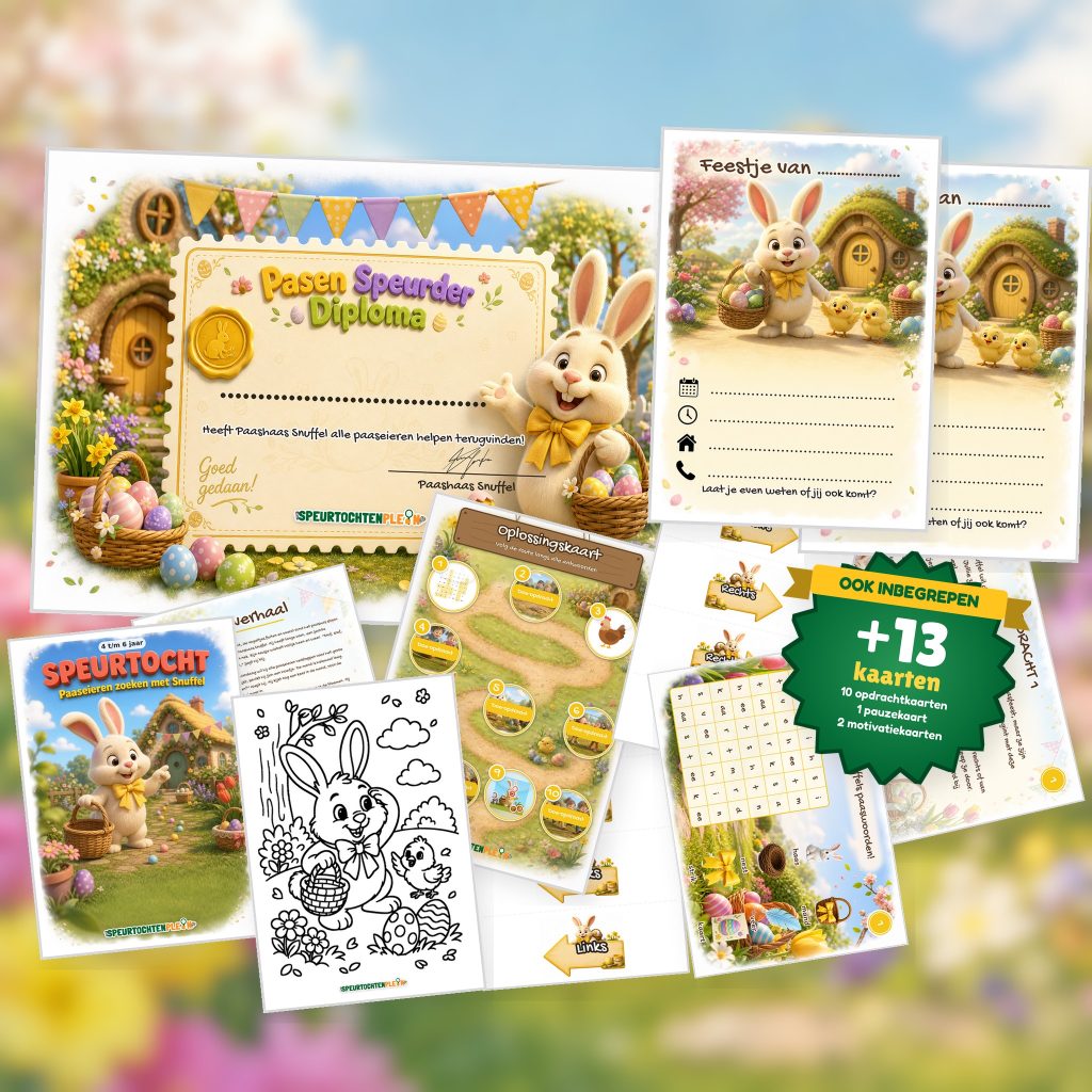 Complete Pasen Speurtocht voor een kinderfeestje met voorblad, opdrachtkaarten, uitnodigingen, diploma en kleurplaat