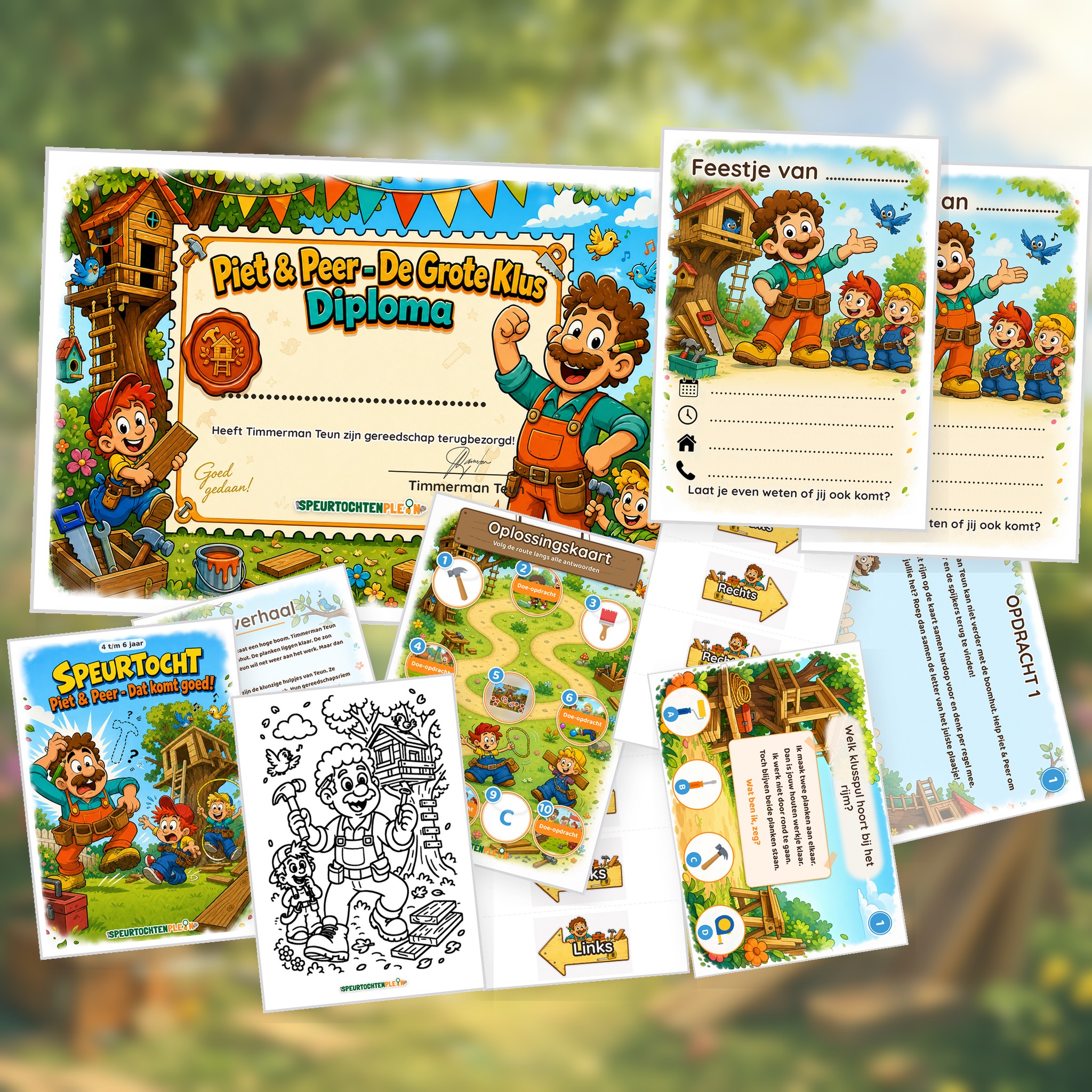 Overzicht van de Piet & Peer - De Grote Klus Speurtocht met voorblad, verhaal, opdrachtkaart, speluitleg, uitnodigingen, oplossingskaart, kleurplaat, pijlen en diploma