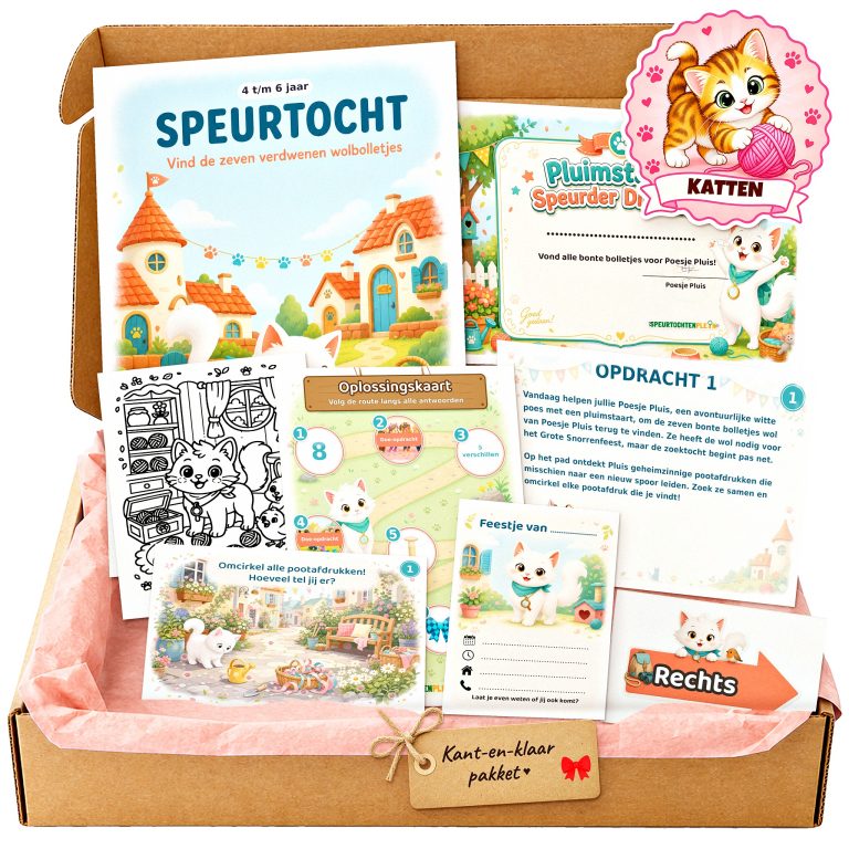 Complete Poezen Speurtocht voor een kinderfeestje met voorblad, opdrachtkaarten, uitnodigingen, diploma en kleurplaat
