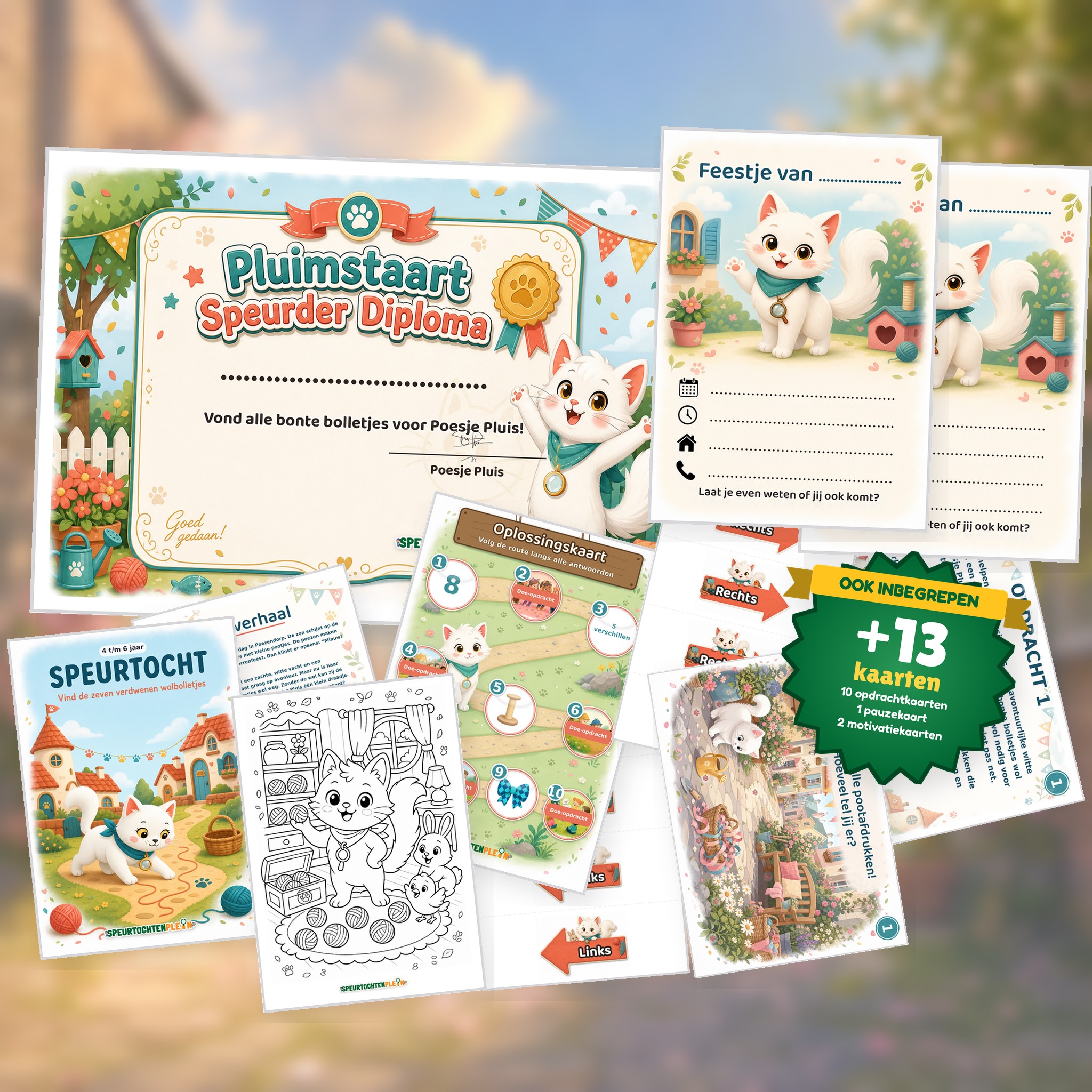 Complete Poezen Speurtocht voor een kinderfeestje met voorblad, opdrachtkaarten, uitnodigingen, diploma en kleurplaat