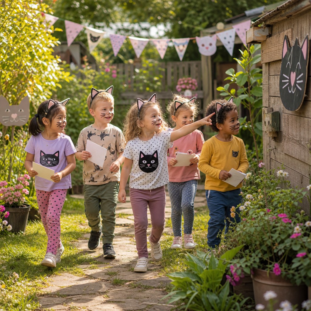 Kinderen op speurtocht tijdens een Poezen Speurtocht kinderfeestje