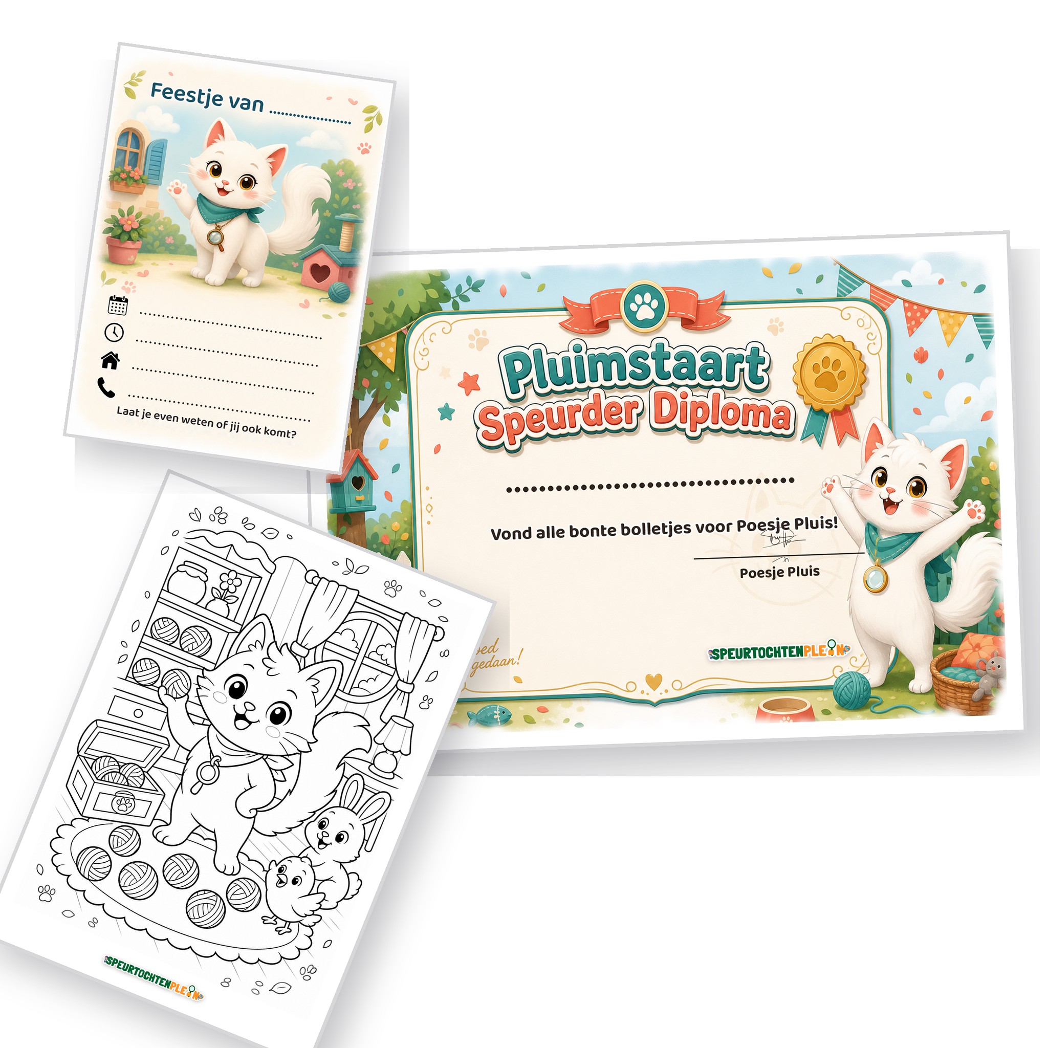 Uitnodiging, diploma en kleurplaat van de Poezen Speurtocht