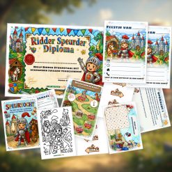 Overzicht van de Ridder Speurtocht met voorblad, verhaal, opdrachtkaart, speluitleg, uitnodigingen, oplossingskaart, kleurplaat, pijlen en diploma