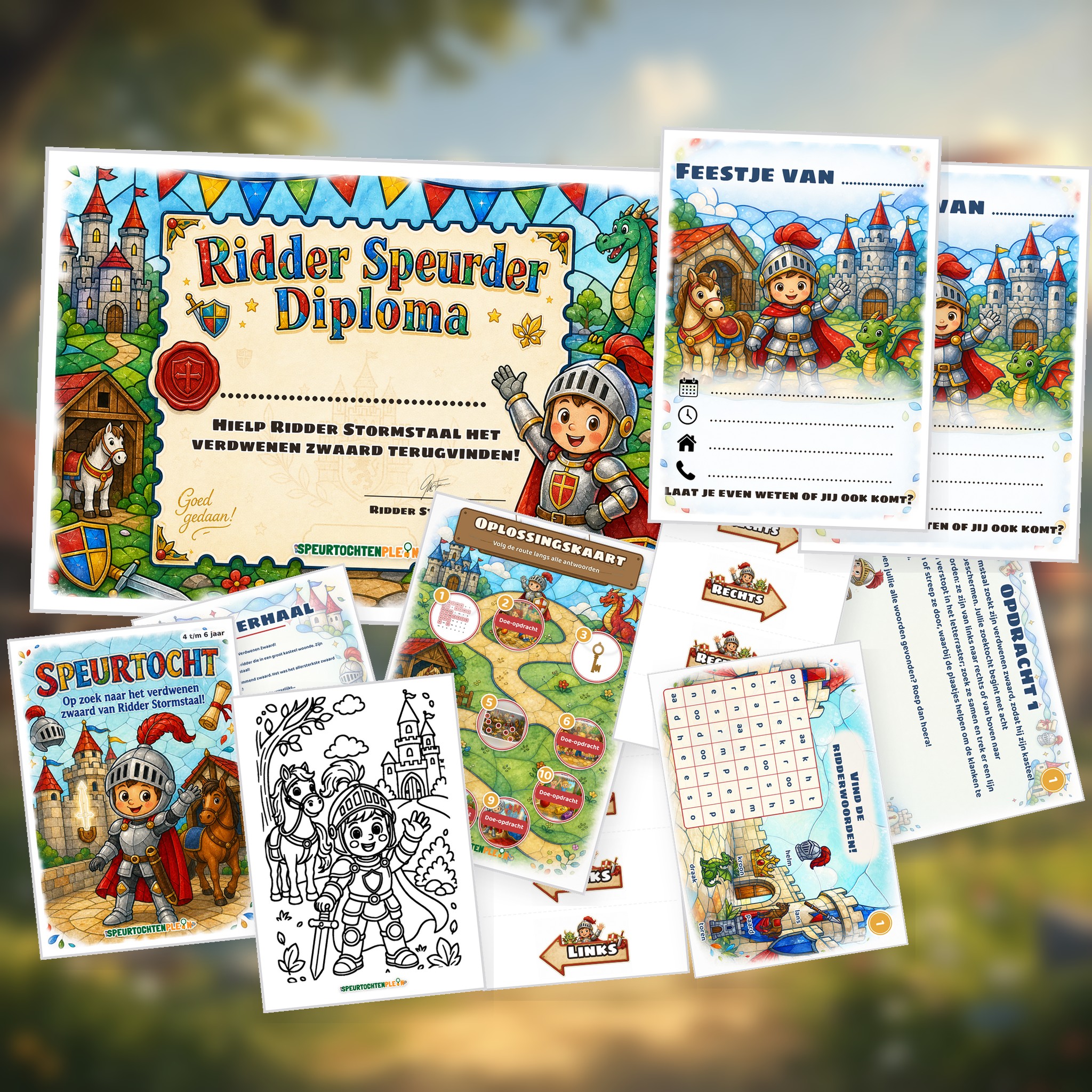 Overzicht van de Ridder Speurtocht met voorblad, verhaal, opdrachtkaart, speluitleg, uitnodigingen, oplossingskaart, kleurplaat, pijlen en diploma