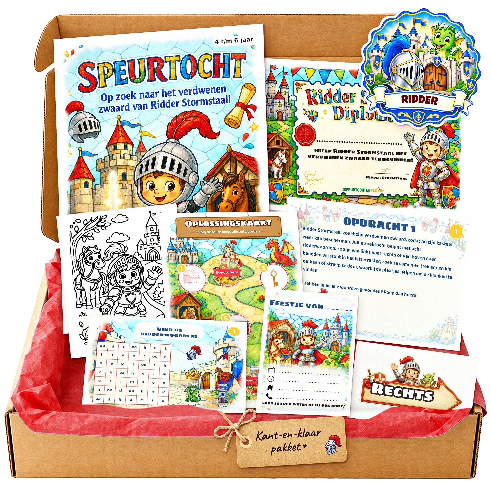 Complete Ridder Speurtocht voor een kinderfeestje met voorblad, opdrachtkaarten, uitnodigingen, diploma en kleurplaat