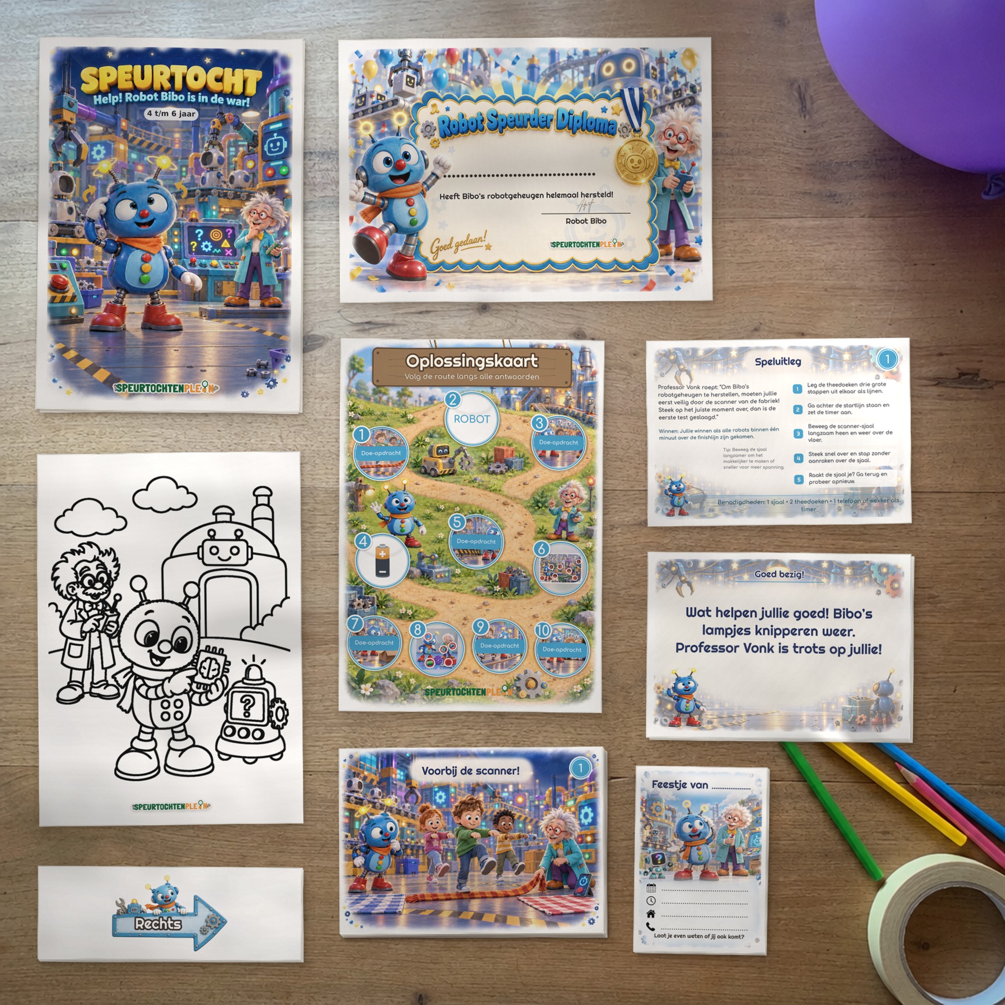 Alle onderdelen van de Robot Speurtocht op tafel: voorblad, diploma, oplossingskaart, kleurplaat, opdrachtkaarten, speluitleg, uitnodigingen en pijlen