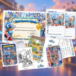 Overzicht van de Robot Speurtocht met voorblad, verhaal, opdrachtkaart, speluitleg, uitnodigingen, oplossingskaart, kleurplaat, pijlen en diploma