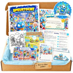 Complete Robot Speurtocht voor een kinderfeestje met voorblad, opdrachtkaarten, uitnodigingen, diploma en kleurplaat