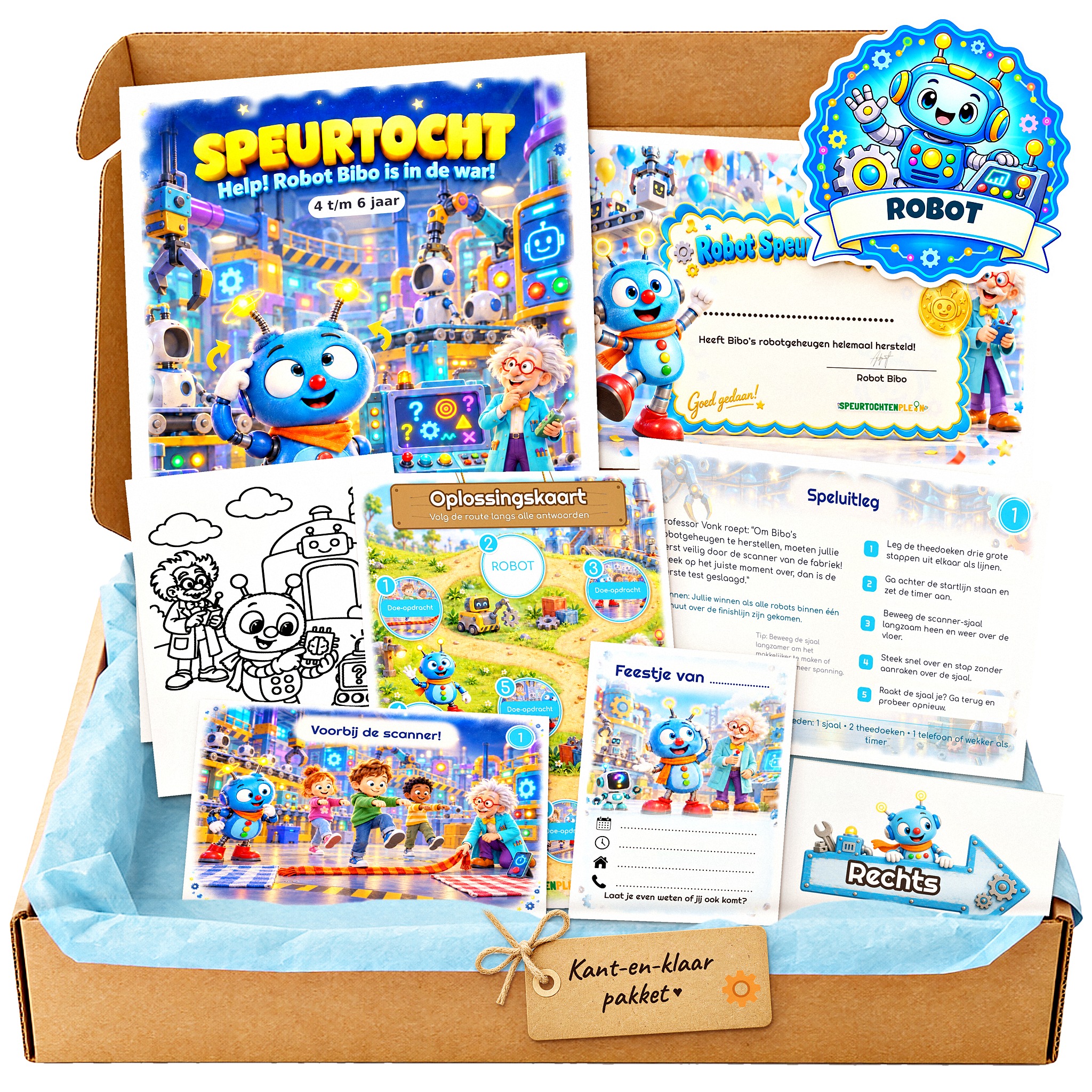 Complete Robot Speurtocht voor een kinderfeestje met voorblad, opdrachtkaarten, uitnodigingen, diploma en kleurplaat