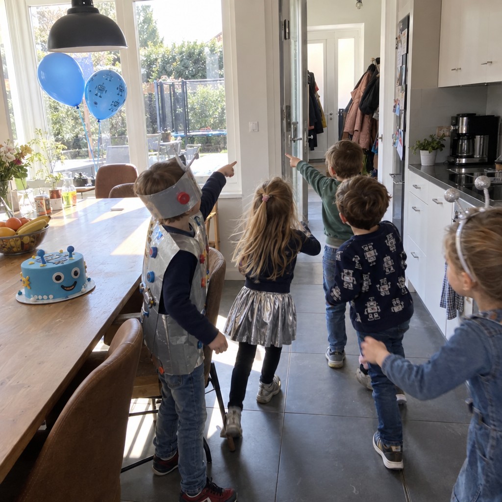 Kinderen zoeken samen naar aanwijzingen bij de Robot Speurtocht