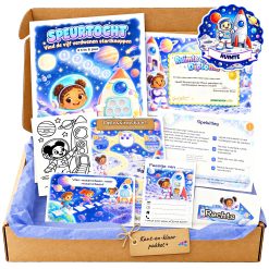 Complete Ruimte Speurtocht voor een kinderfeestje met voorblad, opdrachtkaarten, uitnodigingen, diploma en kleurplaat
