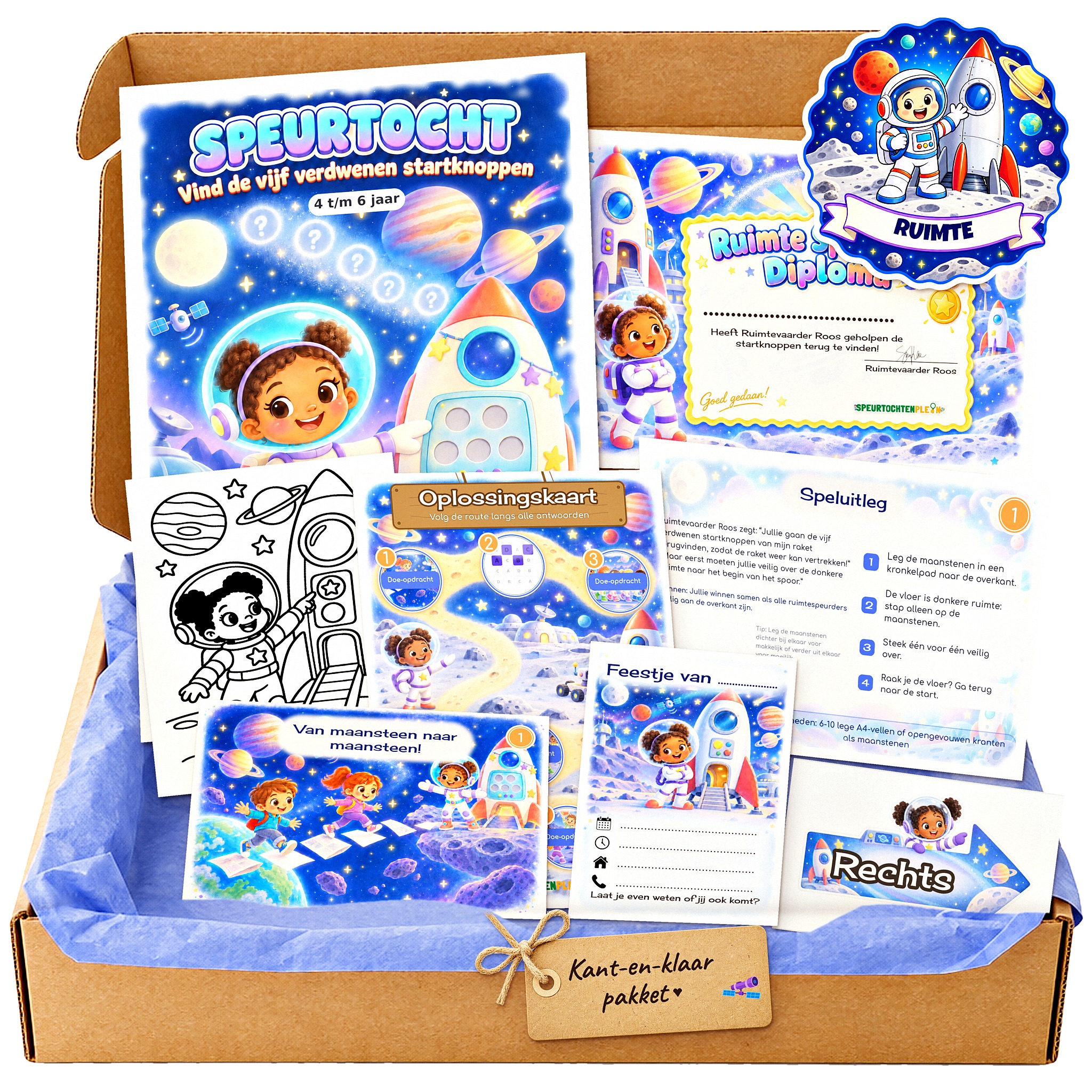Complete Ruimte Speurtocht voor een kinderfeestje met voorblad, opdrachtkaarten, uitnodigingen, diploma en kleurplaat
