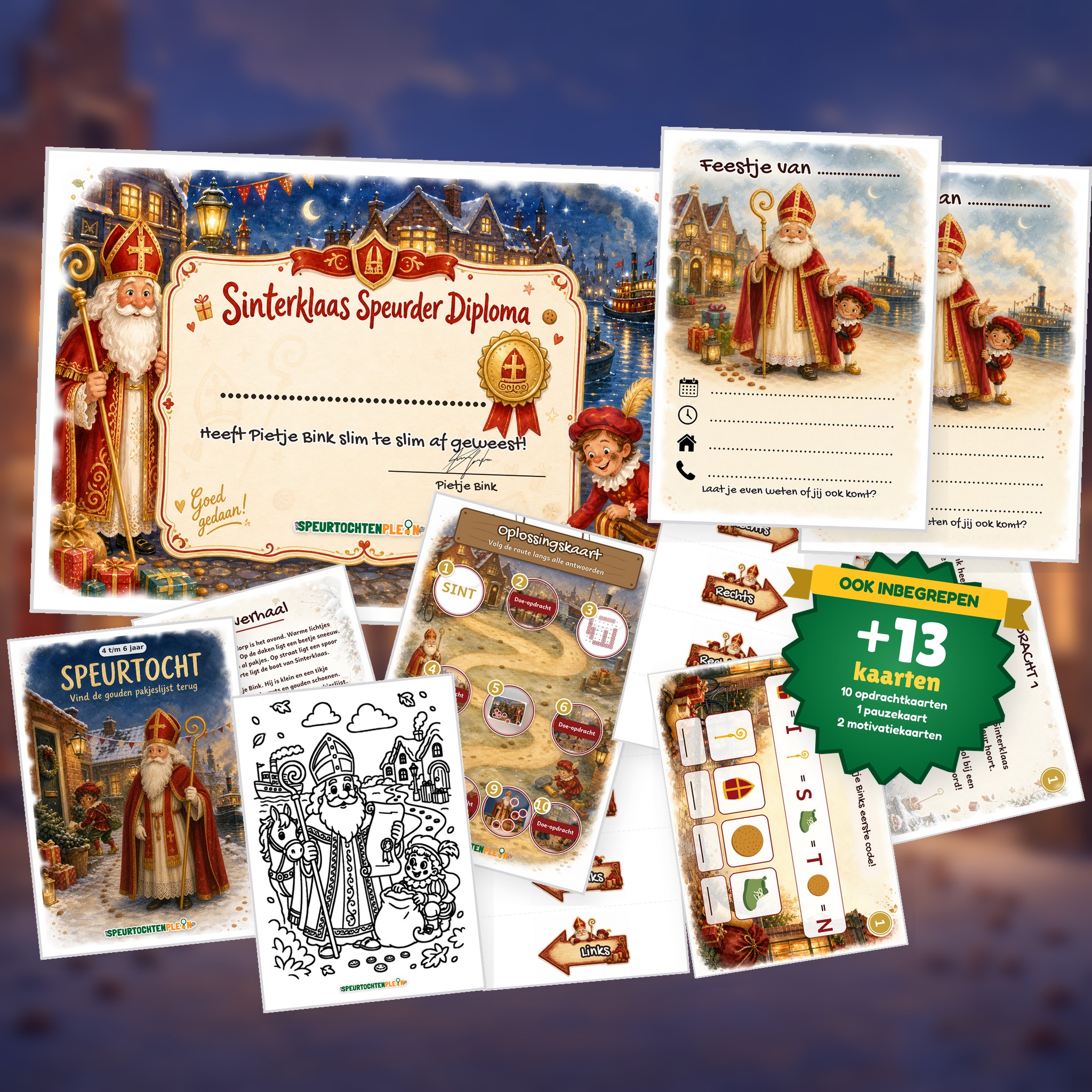 Complete Sinterklaas Speurtocht voor een kinderfeestje met voorblad, opdrachtkaarten, uitnodigingen, diploma en kleurplaat