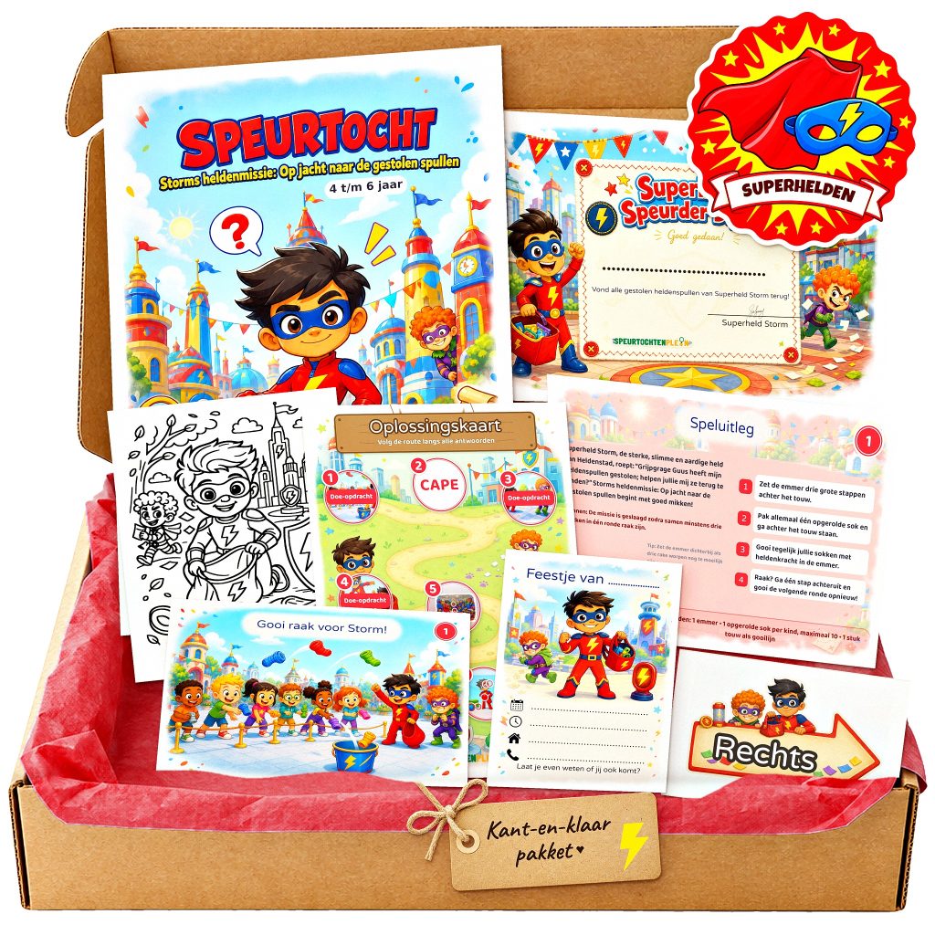 Complete Superhelden Speurtocht voor een kinderfeestje met voorblad, opdrachtkaarten, uitnodigingen, diploma en kleurplaat