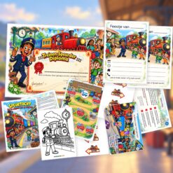 Overzicht van de Treinen Speurtocht met voorblad, verhaal, opdrachtkaart, speluitleg, uitnodigingen, oplossingskaart, kleurplaat, pijlen en diploma