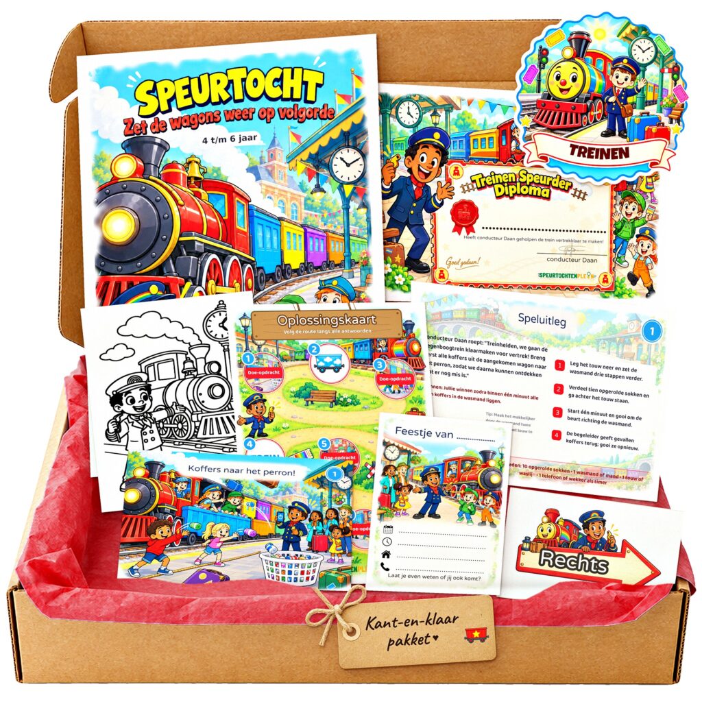 Complete Treinen Speurtocht voor een kinderfeestje met voorblad, opdrachtkaarten, uitnodigingen, diploma en kleurplaat