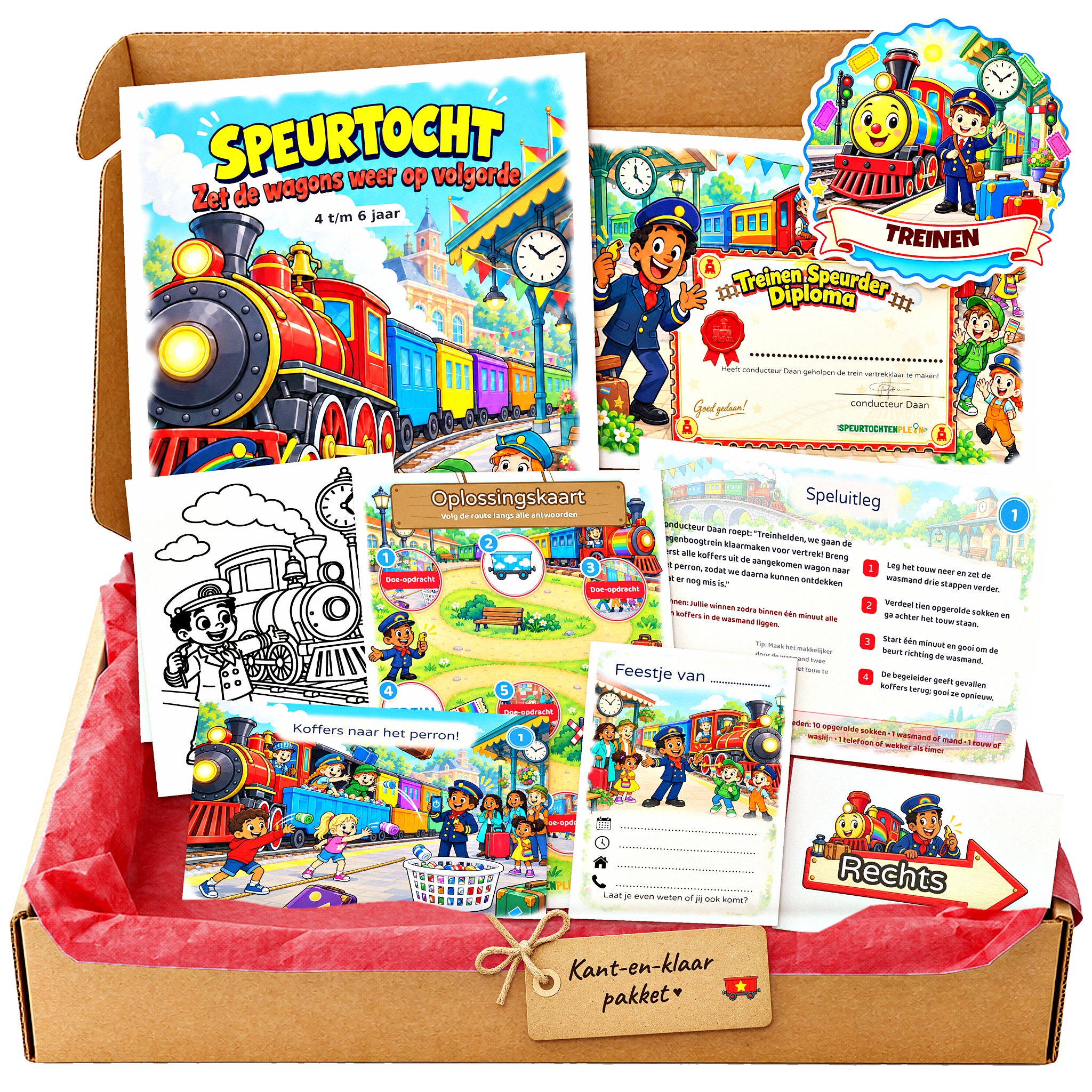 Complete Treinen Speurtocht voor een kinderfeestje met voorblad, opdrachtkaarten, uitnodigingen, diploma en kleurplaat