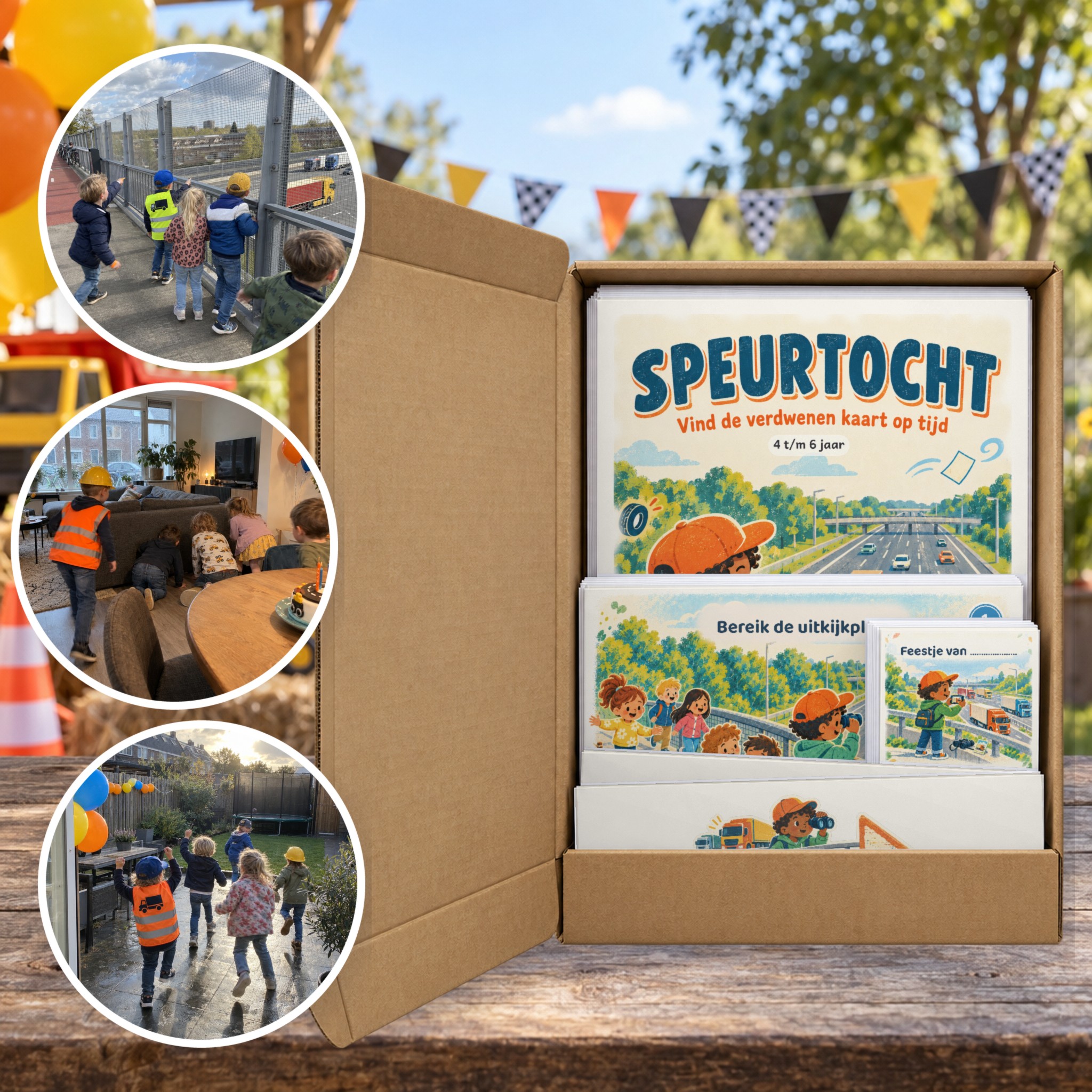 Truckspotter Speurtocht als brievenbuspakket, met foto's van kinderen op speurtocht