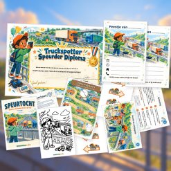 Overzicht van de Truckspotter Speurtocht met voorblad, verhaal, opdrachtkaart, speluitleg, uitnodigingen, oplossingskaart, kleurplaat, pijlen en diploma