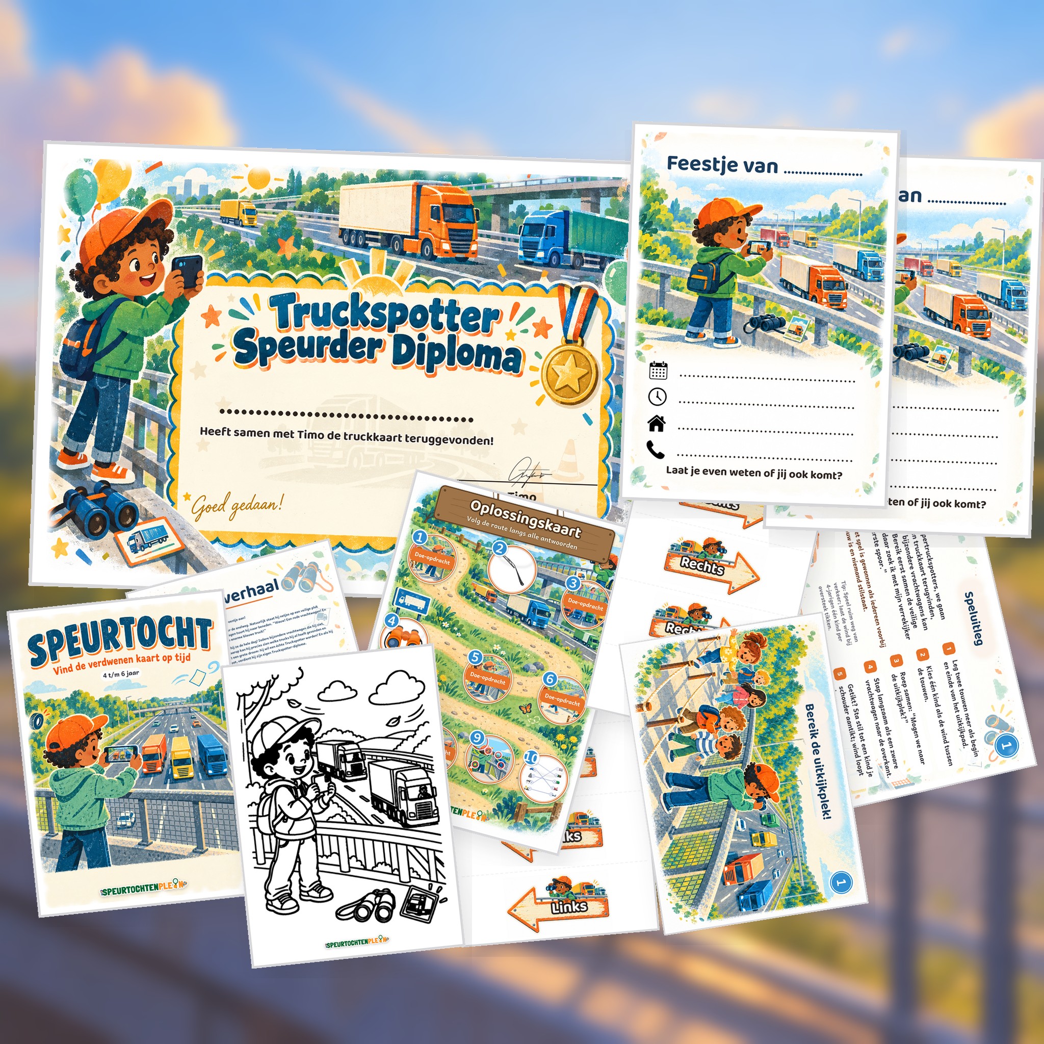Overzicht van de Truckspotter Speurtocht met voorblad, verhaal, opdrachtkaart, speluitleg, uitnodigingen, oplossingskaart, kleurplaat, pijlen en diploma