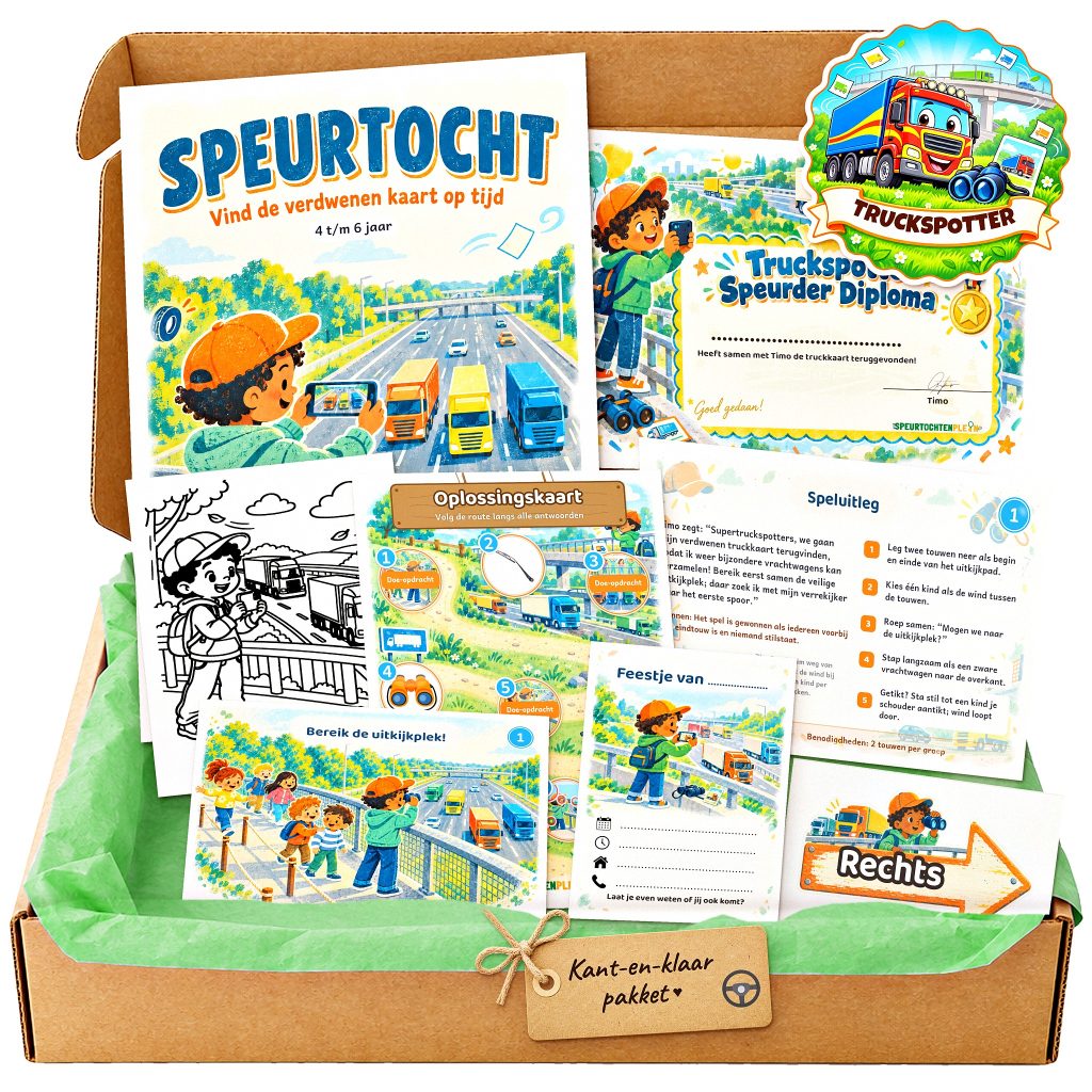 Complete Truckspotter Speurtocht voor een kinderfeestje met voorblad, opdrachtkaarten, uitnodigingen, diploma en kleurplaat