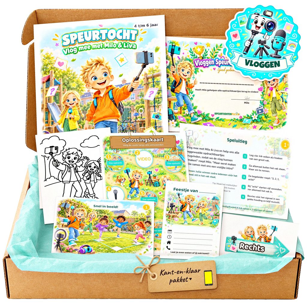 Complete Vloggen Speurtocht voor een kinderfeestje met voorblad, opdrachtkaarten, uitnodigingen, diploma en kleurplaat